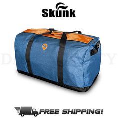 a large blue duffel bag with orange straps and the words skunk on it