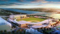 an artist's rendering of a baseball stadium in the middle of a body of water