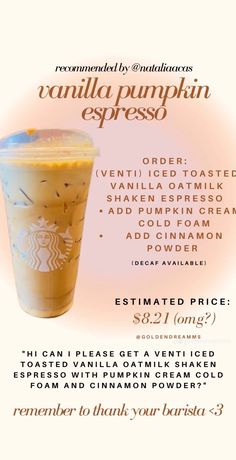 an advertisement for a pumpkin spice drink with information about the product and price on it