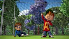 two cartoon characters are playing with each other in front of a fence and some trees