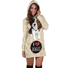 a woman wearing a hoodie with a dog on it's chest and the words i love beagles