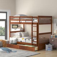 This sturdy and stylish bunk bed is perfect for siblings or sleepovers, with two twin-sized beds stacked securely on top of each other. Crafted from high-quality materials, it is designed to last for years to come, providing your children with a comfortable and safe sleeping space. The built-in ladders make it easy to climb up to the top bunk, while the two spacious storage drawers provide ample space to store clothes, toys, or extra bedding. Qualler Walnut Twin Over Twin Bunk Bed in Brown | BTL Bunk Bed With Storage, Trundle Bed With Storage, Solid Wood Bunk Beds, Bunk Beds With Drawers, Wooden Bunk Beds, Wood Bunk Beds, Bunk Beds With Storage, Bed Storage Drawers, Full Bunk Beds