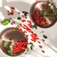 two metal bowls with berries on them next to green leaves and red berries in the bowl