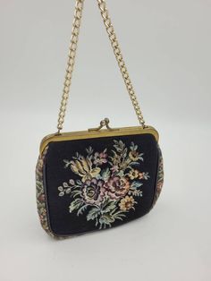 This listing is for a vintage La Marquise Italian floral tapestry purse evening bag hand bag. Body of this purse measures 5.5 inches tall by 6.5 inches wide,  with the chain measures 10 inches tall.  This is marked appropriately and has a kiss lock closure with no condition issues. Vintage Square Evening Bag, Vintage Tapestry Bags For Gifts, Antique Tapestry Evening Bag, Vintage Tapestry Pouch Bag, Handmade Tapestry Evening Bags, Handmade Tapestry Bags For Evening, Vintage Evening Bag In Tapestry Material, Vintage Tapestry Shoulder Bag For Evening, Vintage Embroidered Rectangular Evening Bag