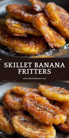 some bananas are sitting on a plate with powdered sugar over them and the words skillet banana fritters