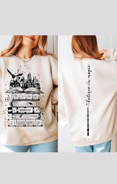 a woman wearing a sweatshirt with books printed on it