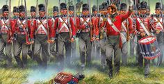 a painting of men in uniform marching through the grass with drums and drum sticks on their feet