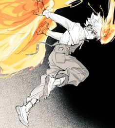 a drawing of a man with an orange fire behind him and his arms outstretched in the air