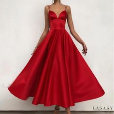 Lasaky - Tall and Proud: High-Waisted Flowy Dress with Wide Skirt Tea Length Prom Dress, Tea Length Bridesmaid Dresses, Red Evening Dress, Satin Short, Red Prom, A Line Prom Dresses, Suspender Dress, Red Prom Dress, Tea Length