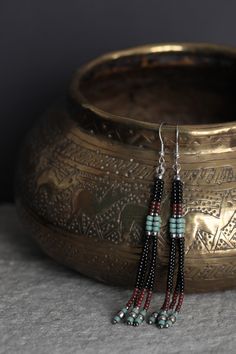 Beaded Tassel Earrings Toho Seed Beads Black, Brown, Turquoise Surgical Steel - Etsy Artisan Black Beaded Dangling Earrings, Black Beaded Dangle Tassel Earrings As Gift, Black Tassel Earrings With Dangling Beads As Gift, Dangle Tassel Earrings With Black Beads For Gift, Bohemian Black Tassel Earrings As Gift, Gift Tassel Earrings With Black Beads In Dangle Style, Artisan Black Beaded Drop Earrings, Black Tassel Earrings With Colorful Beads For Gift, Black Tassel Earrings With Black Beads For Gift