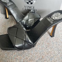 These Shoes Are Besutiful Leather Sole Closed Toe Heels For Night Out, Closed Toe Heels With Leather Sole For Night Out, Leather Almond Toe Sandals For Night Out, Black Slip-on Heels With Heel Strap, Designer Black Slip-on Heels, Black Heels With Heel Strap, Black Leather Shoes, Vince Camuto Shoes, Vince Camuto