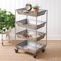 Four Tier Olive Storage Bin Cart - D&J Farmhouse Collections Galvanized Storage, Rolling Storage Bins, Metal Bins, Olive Bucket, Rolling Storage Cart, Serving Cart, Rolling Storage, French Country Kitchen, Storage Cart