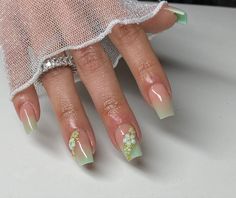 Green Nails Graduation, Enchanted Garden Prom Nails, Princess In The Frog Quince Theme, Green Quinceanera Nails Short, Sage Green Tapered Square Nails, Sage Prom Nails, Sage Green And Pink Nails Acrylic, Light Green Nails With Glitter, Tiana Green Nails