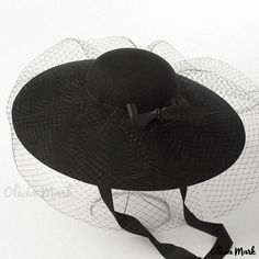 Olivia Mark - Stylish Veil-Adorned Woolen Felt Hat - Black Vintage Black Adjustable Sun Hat, Vintage Black Brimmed Sun Hat, Black Wide Brim Fedora For Evening, Curved Brim Winter Church Hat, Black Curved Brim Boater Hat For Church, Black Curved Brim Costume Hat For Church, Black Curved Brim Felt Hat For Kentucky Derby, Winter Church Hat With Curved Brim, Winter Church Hat With Short Brim