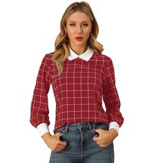 This check plaid shirt is perfect for moving in and out of the office. Featuring a contrast turndown collar and button back, it adds a design-led edge to your workwear look. The shirt's simple and delicate design includes a check plaid pattern and long sleeves, giving office-chic a whole new meaning. Pair it with tailored trousers and point-toe heels for a smart-casual finish. Model is wearing size XS. Office Chic, Oversized Flannel, Plaid Blouse, Delicate Design, Simple Shirts, Turndown Collar, Work Shirt, Polka Dot Blouse, Tailored Trousers