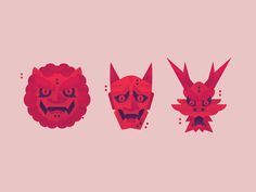 three red devil heads with horns on each side and one demon's head in the middle