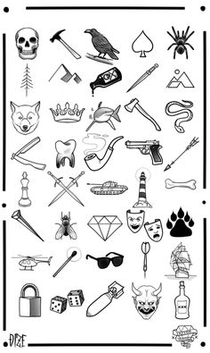 a black and white drawing of various items