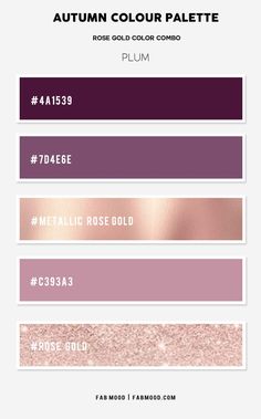 the autumn color palette is shown in shades of pink, purple and gold with text that reads