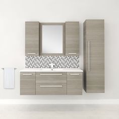 a bathroom vanity with mirror, sink and towel dispenser on the wall