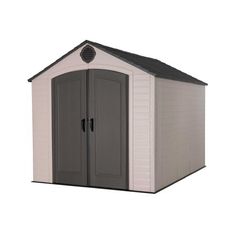 a white and gray shed with two doors