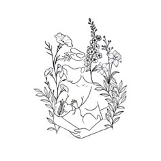 a black and white drawing of a woman surrounded by flowers