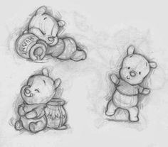 three drawings of winnie the pooh and piggy with their teddy bears in them