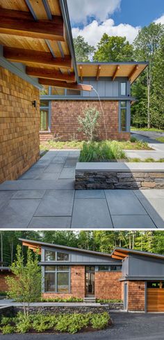 this modern house has an open floor plan and is made out of wood, brick, and concrete