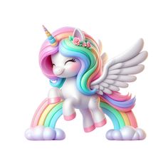 a rainbow colored pony with wings and flowers on it's head, standing in front of a white background