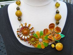 Statement Necklace Vintage Enamel Flowers by JenniferJonesJewelry, $145.00 Retro Yellow Flower Jewelry, Yellow Flower-shaped Retro Jewelry, Retro Yellow Flower-shaped Jewelry, Vintage Brown Flower-shaped Jewelry, Vintage Orange Flower Jewelry, Orange Vintage Flower Jewelry, Enamel Flowers, Necklace Flower, Reclaimed Vintage