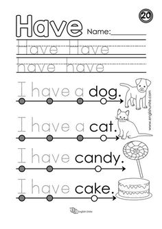 handwriting worksheet for kids with pictures and words to practice writing the word i have