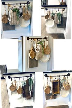 four pictures of pots and pans hanging from hooks on the wall in front of a mirror