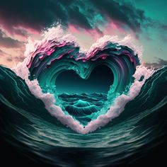 a heart shaped wave in the ocean with clouds