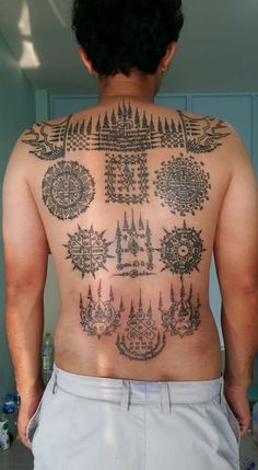 the back of a man with tattoos on his body