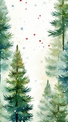 watercolor christmas trees with stars and snow