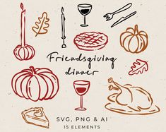 the thanksgiving dinner flyer is designed with hand drawn food