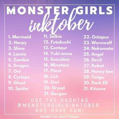 a poster with the dates for monster girls inktober