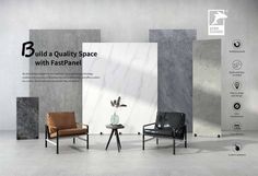 an advertisement with two chairs and a table in front of a wall that says build a quality space with fast panel