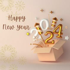 a happy new year's card with fireworks and numbers in a box on a pink background