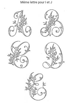 the letter e is made up of flowers and leaves, which are outlined in black ink