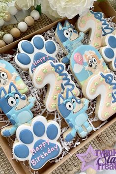 decorated cookies in the shape of numbers for a first birthday with blue and white frosting