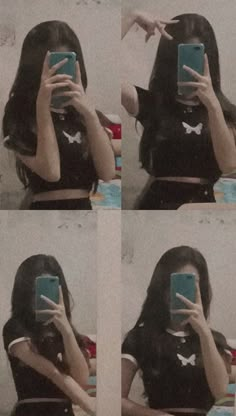 four pictures of a woman taking a selfie in front of her mirror with the phone