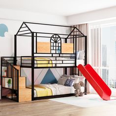 a child's bedroom with a bunk bed and slide