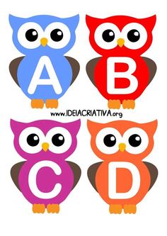 four colorful owls with the letter b and c on their backs, sitting next to each other