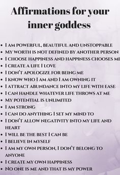 the affirmations for your inner goddesss poster is shown in black and white