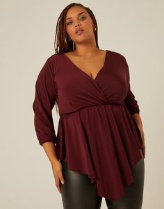 Curve Drapey Surplice 3/4 Sleeve Top Plus Size Tops Burgundy 1XL -2020AVE Inverted Triangle Body Shape, Triangle Body Shape, Surplice Neckline, Three Quarter Sleeves, Quarter Sleeve, Plus Size Tops, V Shape, Three Quarter, Bell Sleeve Top