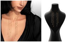 a black mannequin with gold necklaces on it's neck and an image of a woman wearing a black dress