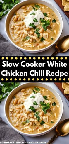 two bowls of slow cooker white chicken chili with tortilla chips on the side