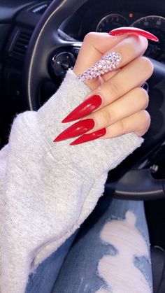 Stellitoes Nails Designs, Valentines Nails Stiletto, Fancy Red Nails, Red Stiletto Nails Designs, Long Acrylic Nails Stiletto, Red Acrylic Nails Ideas, Red Stiletto Nails, Acrylic Nails Stiletto, Long Stiletto Nails