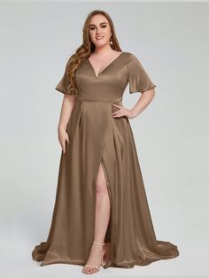 Mocha Plus Size Fall Wedding Guest Dress, Satin Bridesmaid Dresses With Sleeves, Curvy Bridesmaid Dresses, Plus Size Bridesmaid Dresses, Silk Bridesmaid Dresses, Bridesmaid Satin, Big Size Dress, Full Maxi Skirt