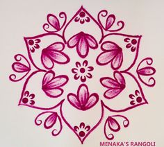 a drawing of a pink flower on white paper with the words menka's rangoli written below it